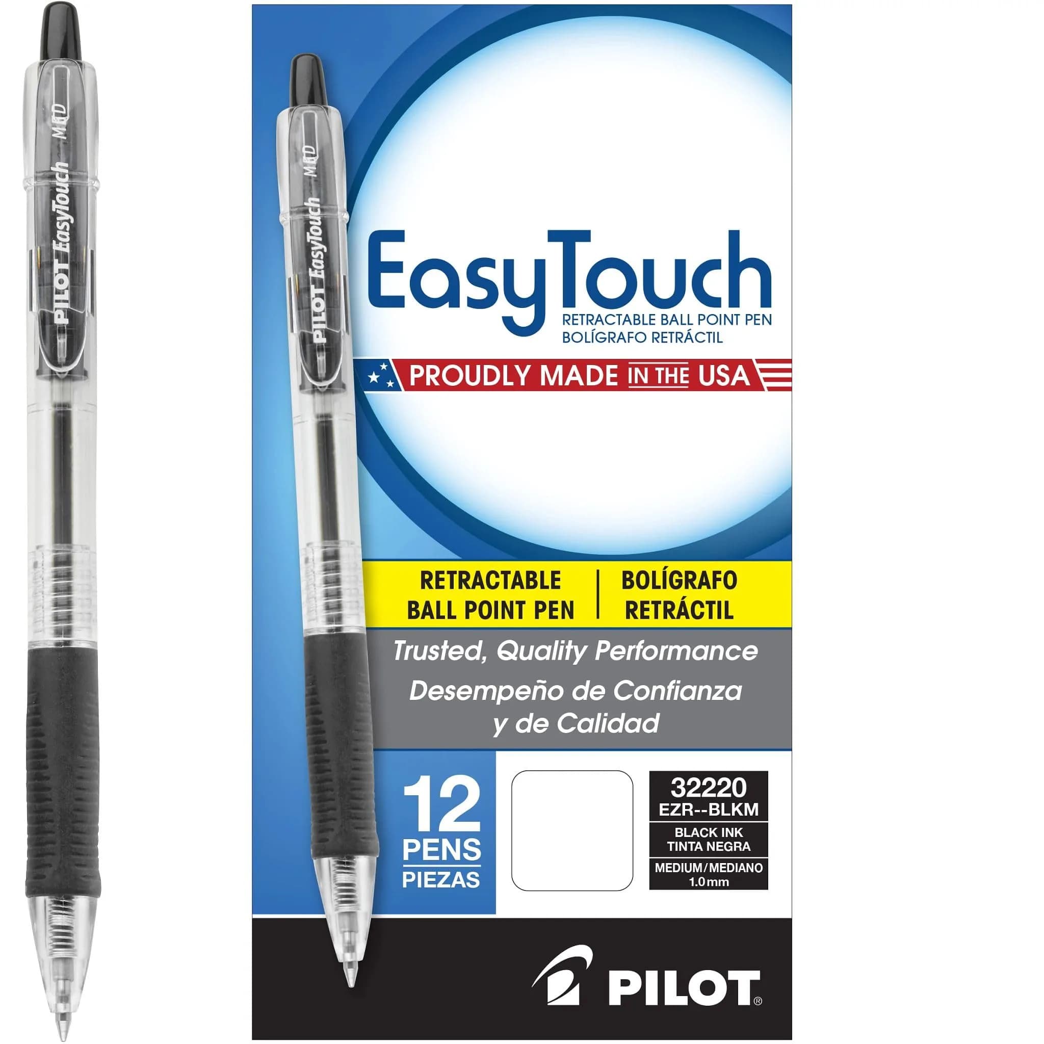 PILOT EasyTouch Ballpoint Pens 12-Pack | Medium Point 1.0mm Black Ink, Refillable, Retractable, Comfortable Grip — Black
