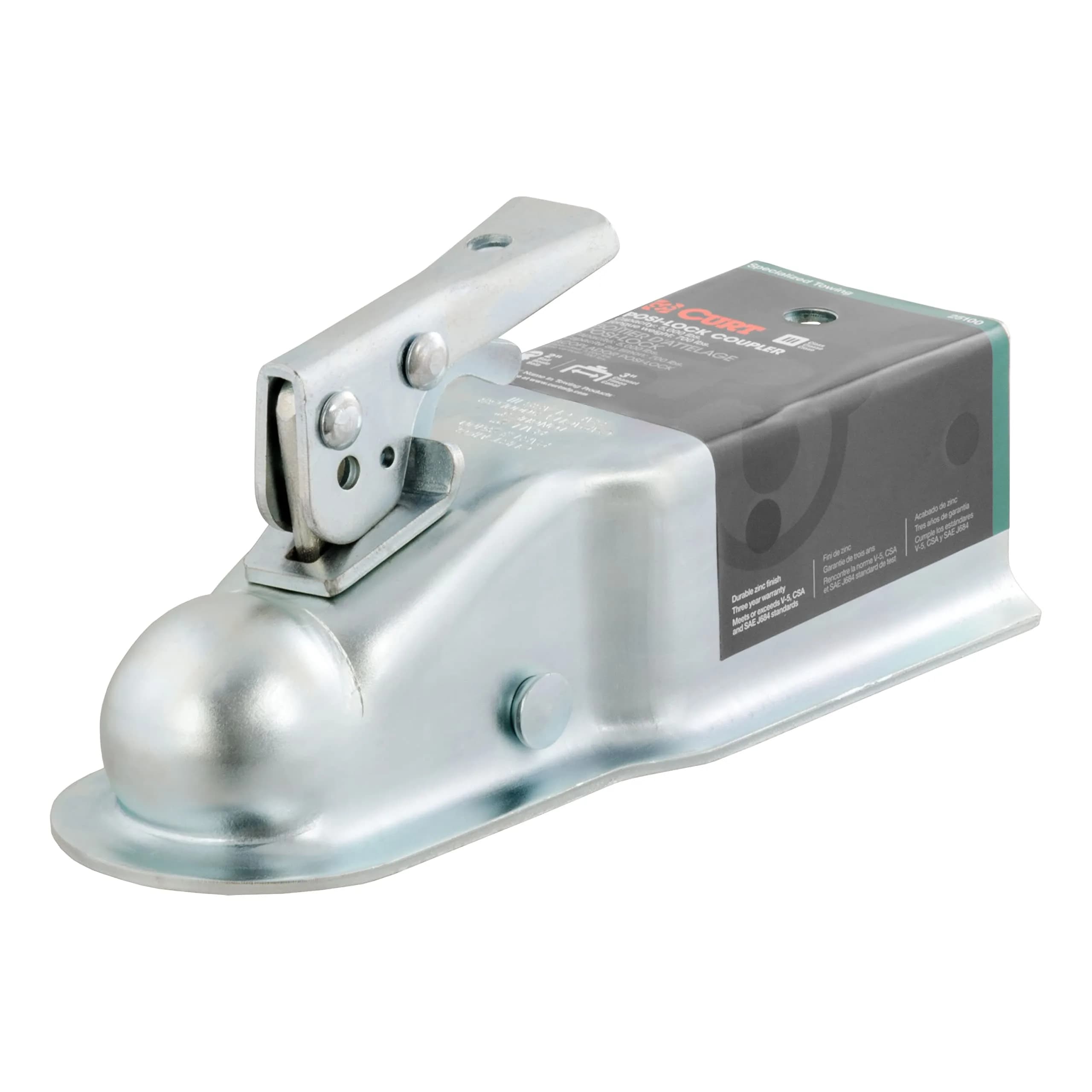 CURT 25100 Straight Tongue Trailer Coupler for 3-Inch Channel | 2" Hitch Ball, 5,000 lbs