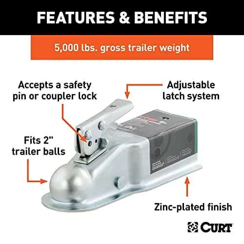 CURT 25100 Straight Tongue Trailer Coupler for 3-Inch Channel | 2" Hitch Ball, 5,000 lbs thumbnail 3