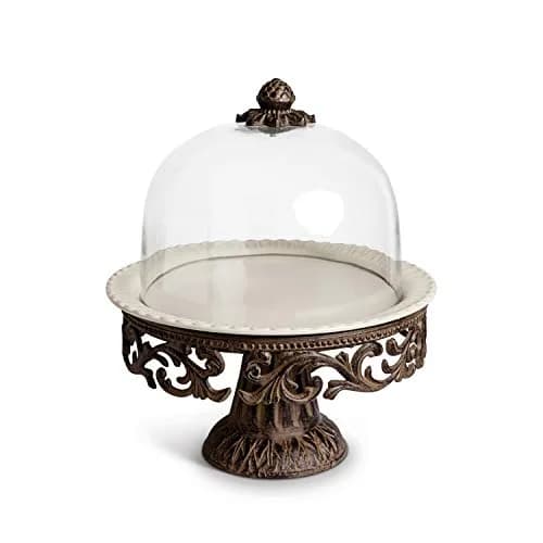 GG Collection Glass Domed Cake Pedestal with Acanthus Leaf Ornate Brown Metal Base and Cream Ceramic Plate | Elegant 14.5-inch Diameter Display thumbnail 1
