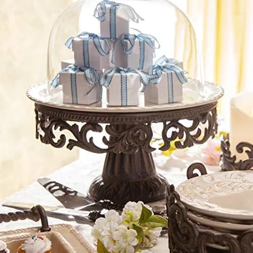 GG Collection Glass Domed Cake Pedestal with Acanthus Leaf Ornate Brown Metal Base and Cream Ceramic Plate | Elegant 14.5-inch Diameter Display thumbnail 7