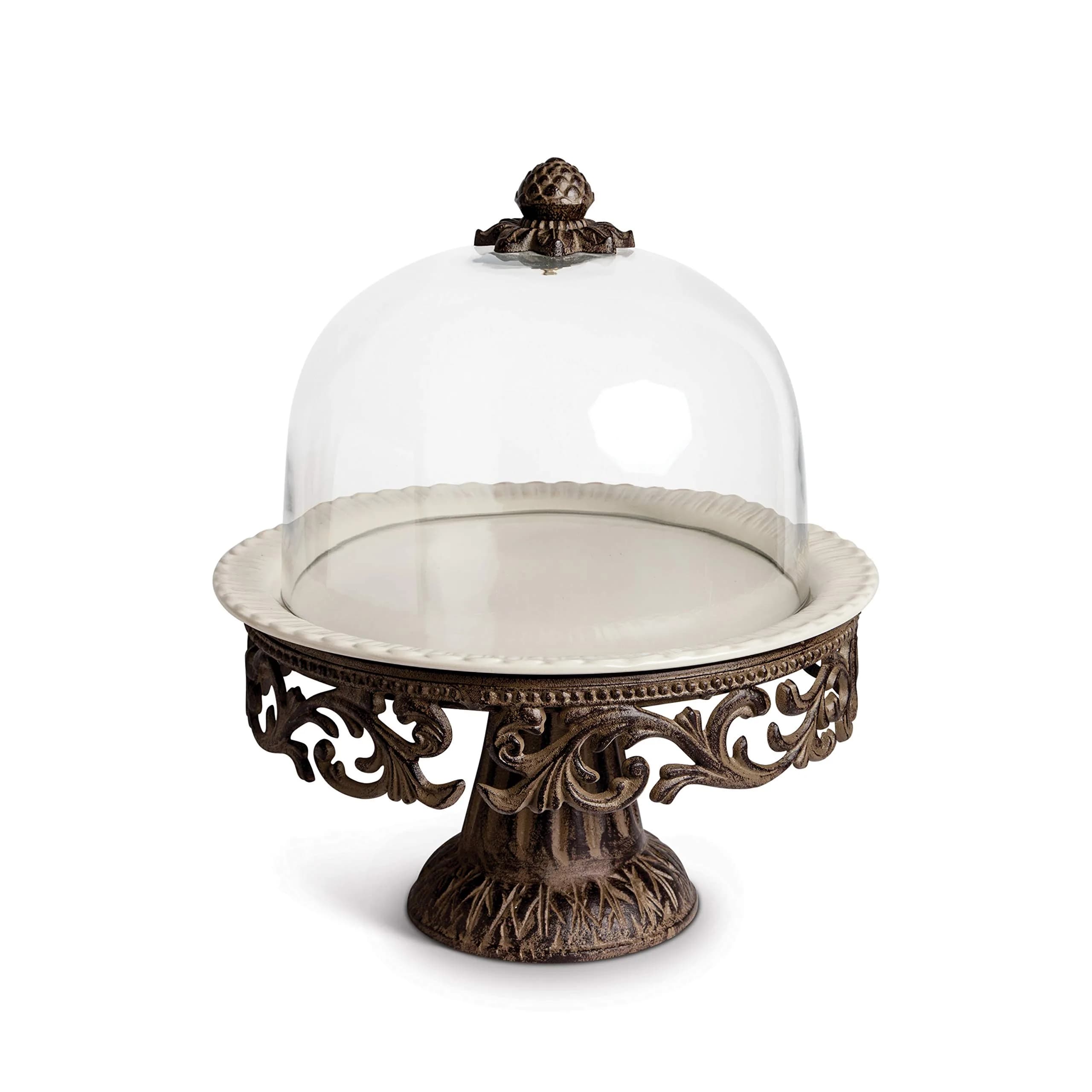 GG Collection Glass Domed Cake Pedestal with Acanthus Leaf Ornate Brown Metal Base and Cream Ceramic Plate | Elegant 14.5-inch Diameter Display — Dark Brown