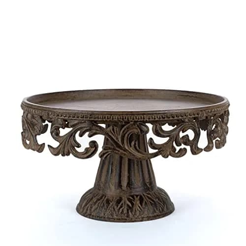 GG Collection Glass Domed Cake Pedestal with Acanthus Leaf Ornate Brown Metal Base and Cream Ceramic Plate | Elegant 14.5-inch Diameter Display thumbnail 2