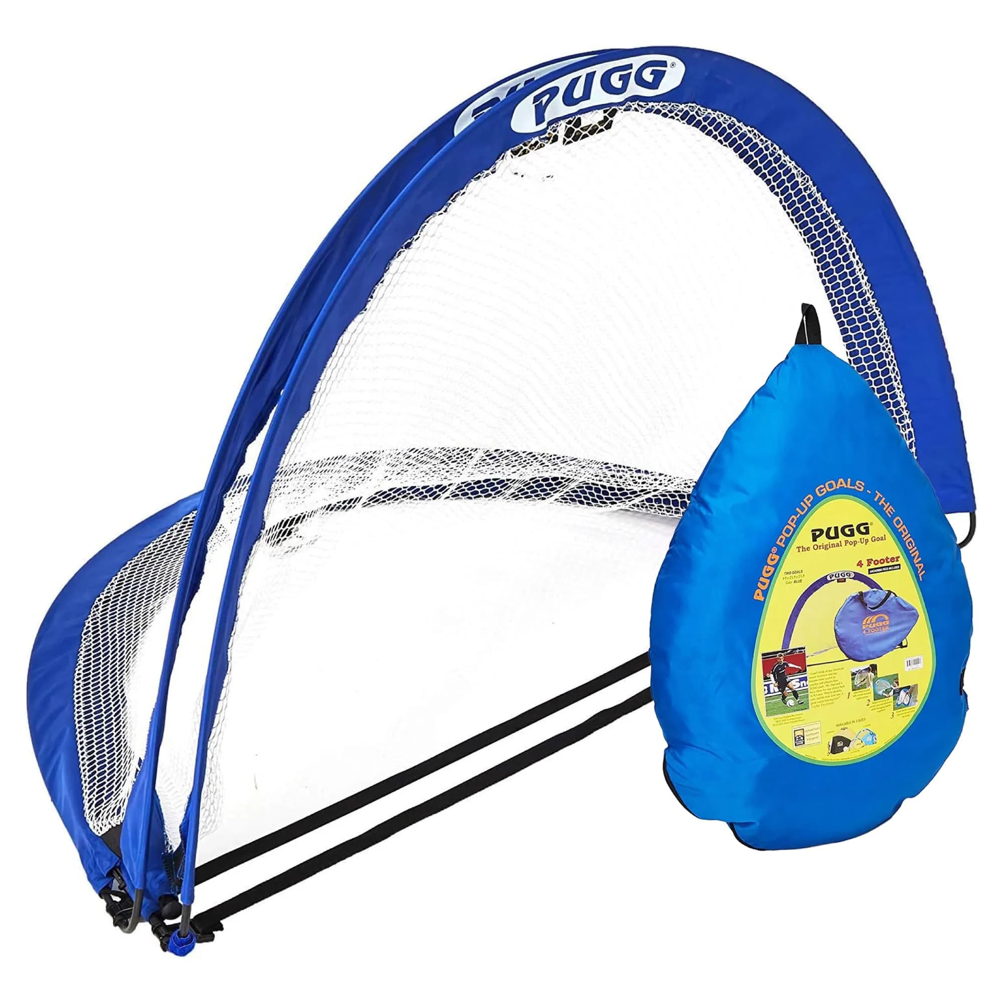 PUGG 4 Foot Pop Up Soccer Goal | Portable Training Futsal Football Net with Bag, Blue, 4' x 2'6"