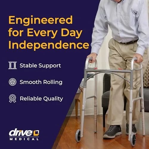 Drive Medical Two-Button Folding Walker with Wheels & Adjustable Height | Lightweight Aluminum Frame thumbnail 2