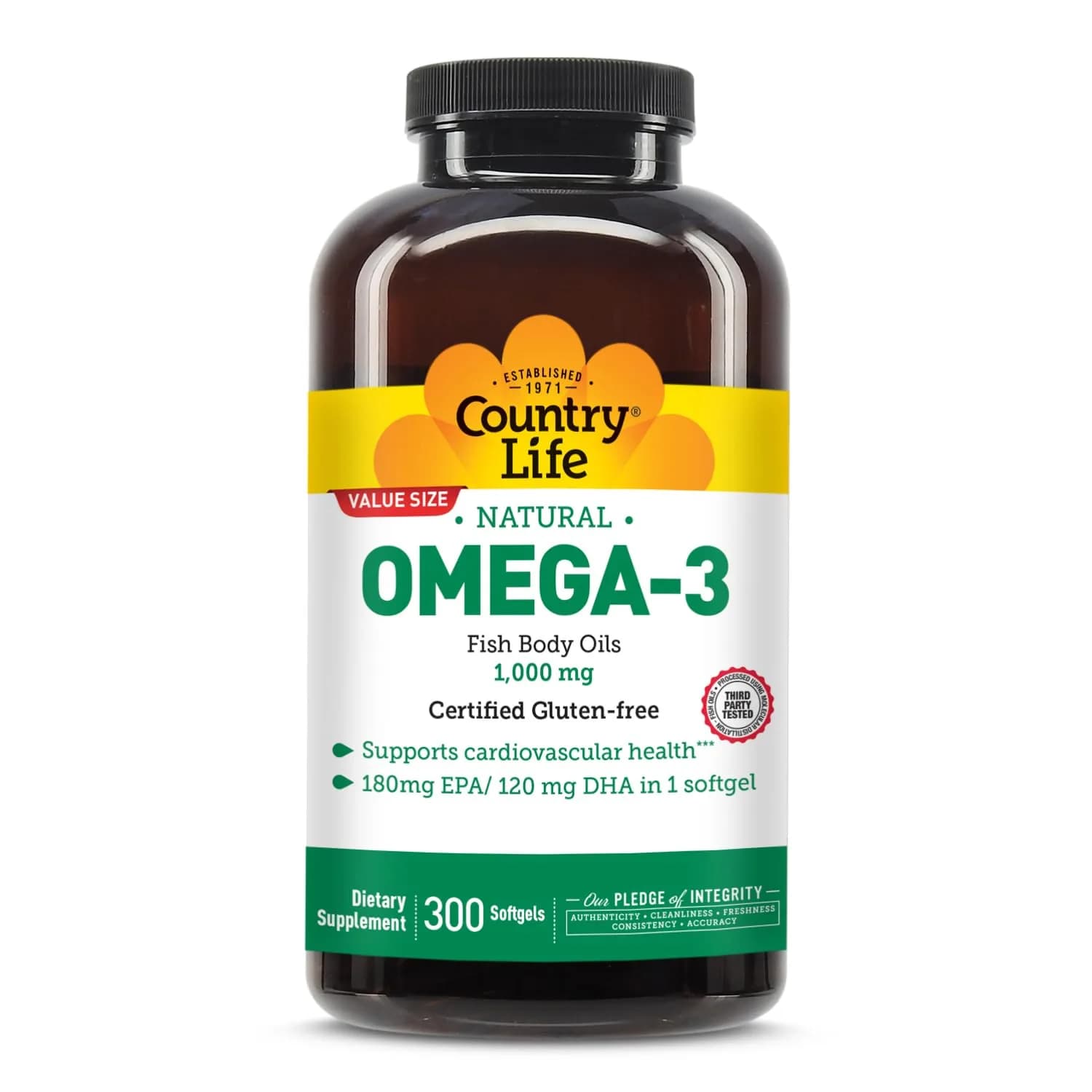 Country Life Omega-3 Fish Oil 1,000 mg | 180 mg EPA/120 mg DHA | 300 Softgels | Heart & Brain Support - main product image