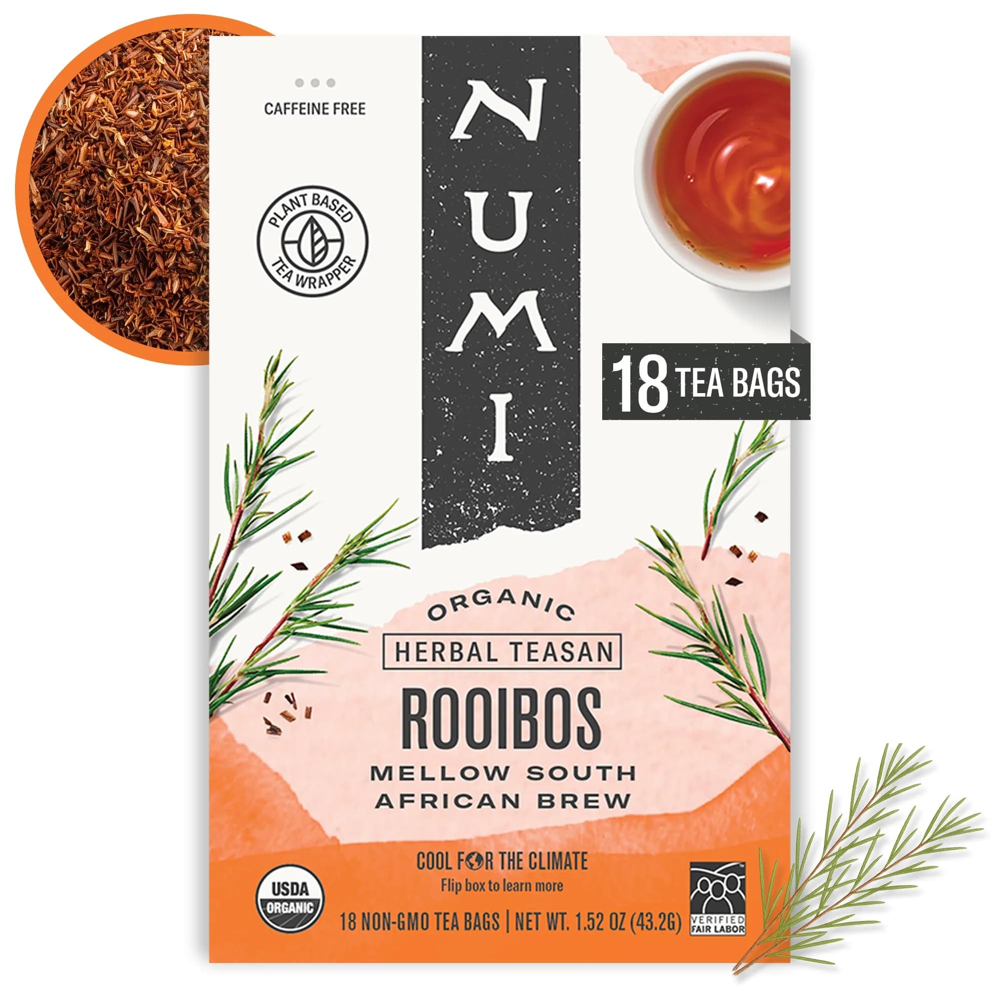 Numi Organic Rooibos Tea, 18 Herbal Tea Bags, Caffeine Free | Organic, Natural & Eco-Friendly