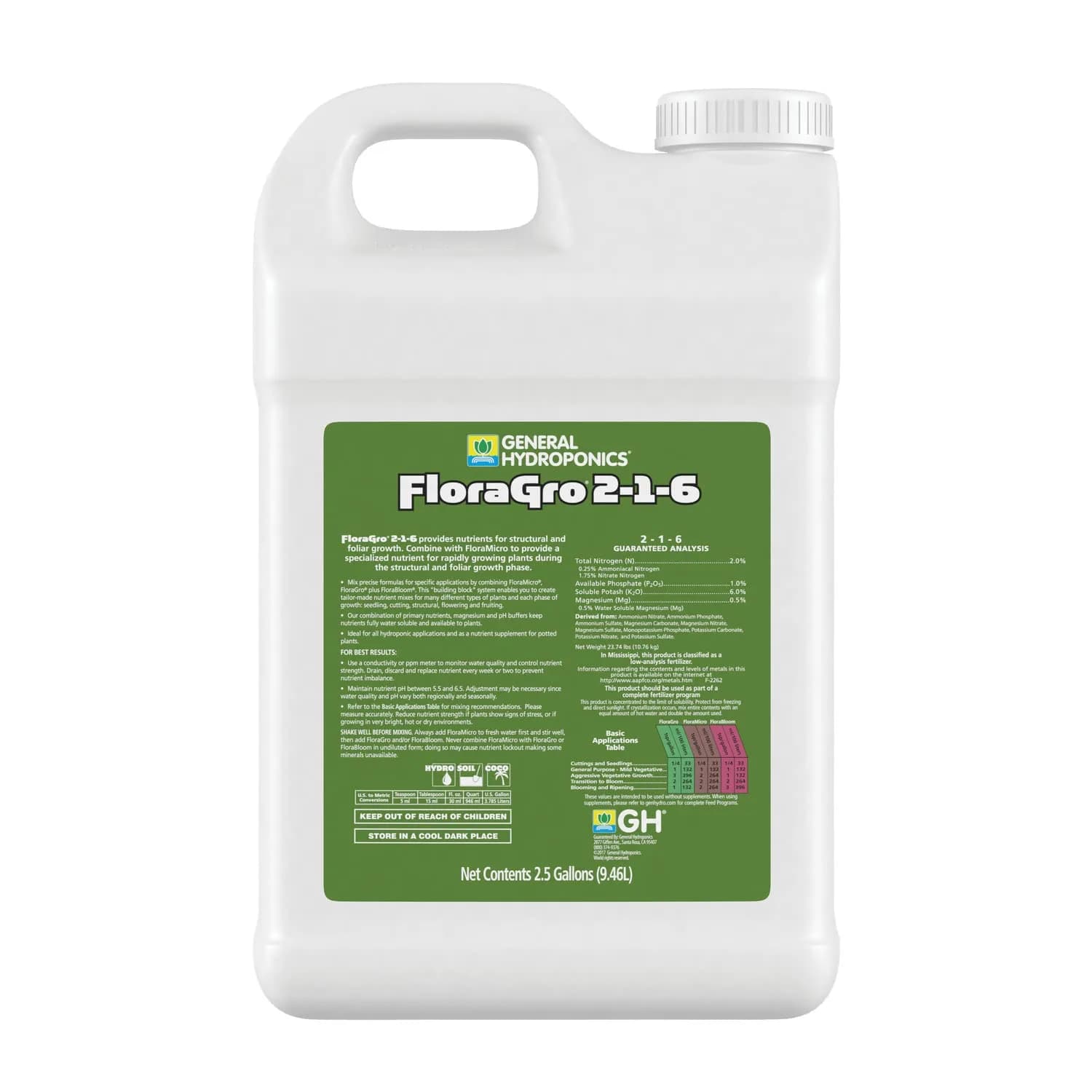General Hydroponics FloraGro Liquid Nutrient 9.46 L (2.5 Gallon) | Specialized Formula for Vegetative Growth - view 2