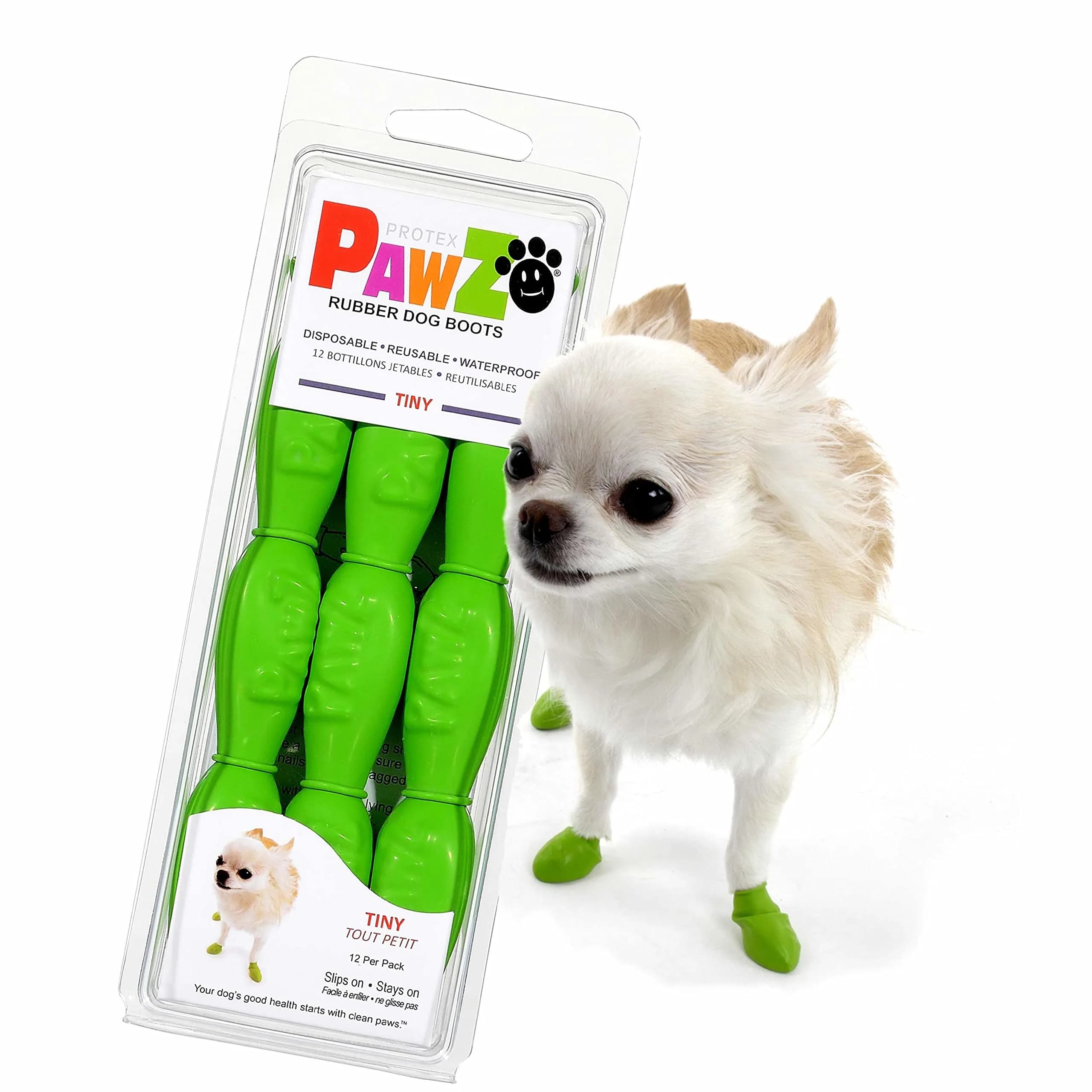PawZ Rubber Dog Boots - Waterproof Non-Slip Dog Shoes for Hot Pavement, Tiny Size (12-Pack) — Green