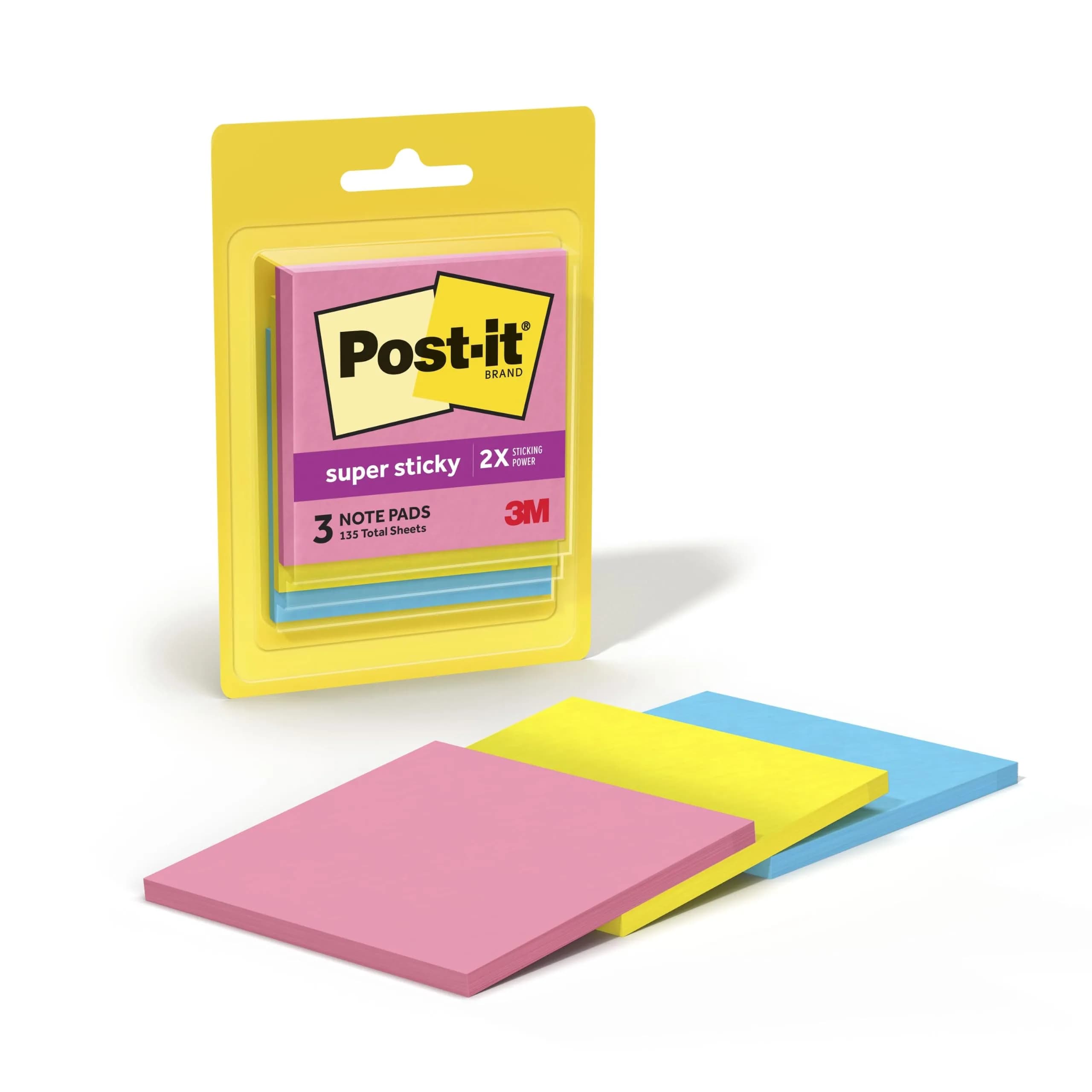 Post-it Super Sticky Notes, 3 x 3 in, Neon Fizz, 3 Pads, 45 Sheets/Pad | Vibrant Colors for Creative Reminders