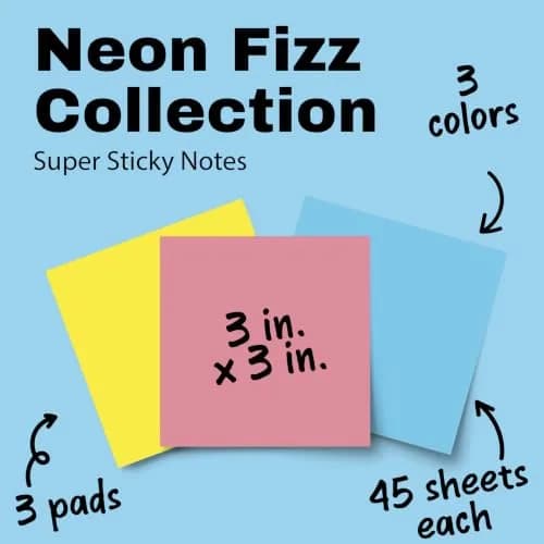 Post-it Super Sticky Notes, 3 x 3 in, Neon Fizz, 3 Pads, 45 Sheets/Pad | Vibrant Colors for Creative Reminders thumbnail 2