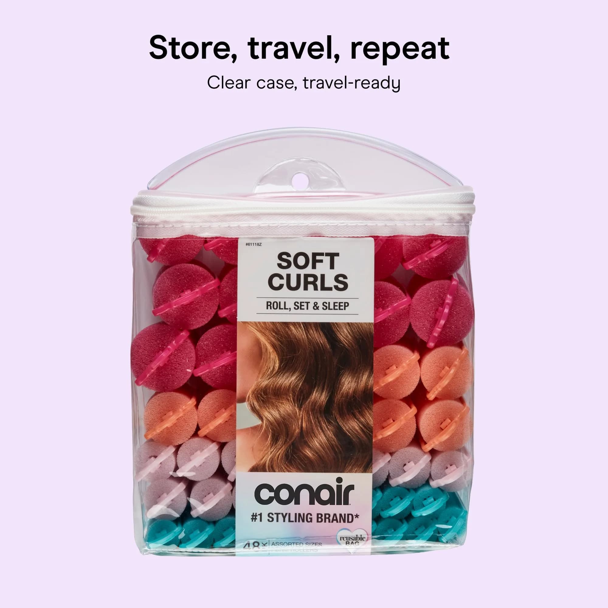 Conair Foam Hair Rollers with Snap Closures, 48 Count (Assorted Sizes) | Heatless Curls Overnight - view 6