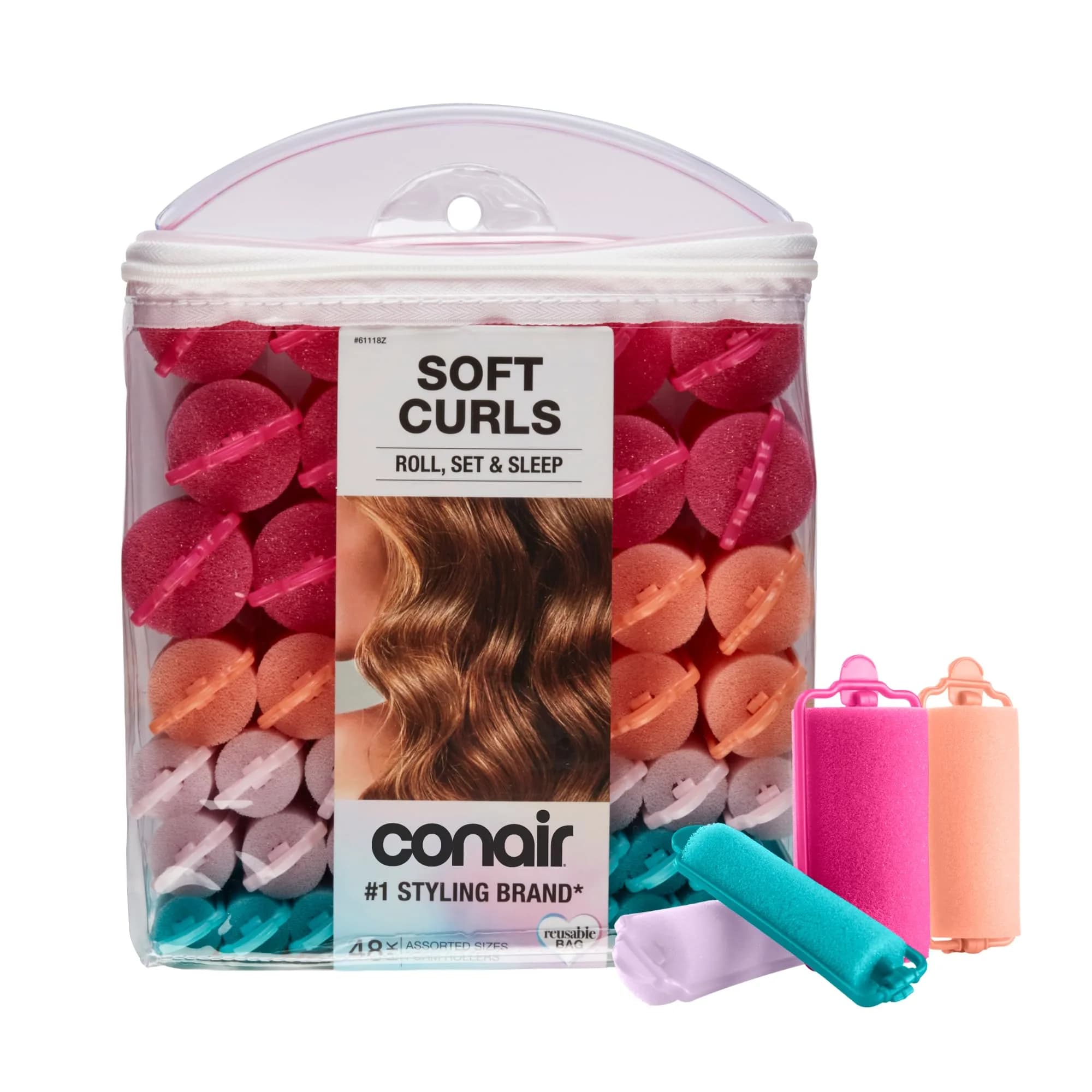 Conair Foam Hair Rollers with Snap Closures, 48 Count (Assorted Sizes) | Heatless Curls Overnight - main product image
