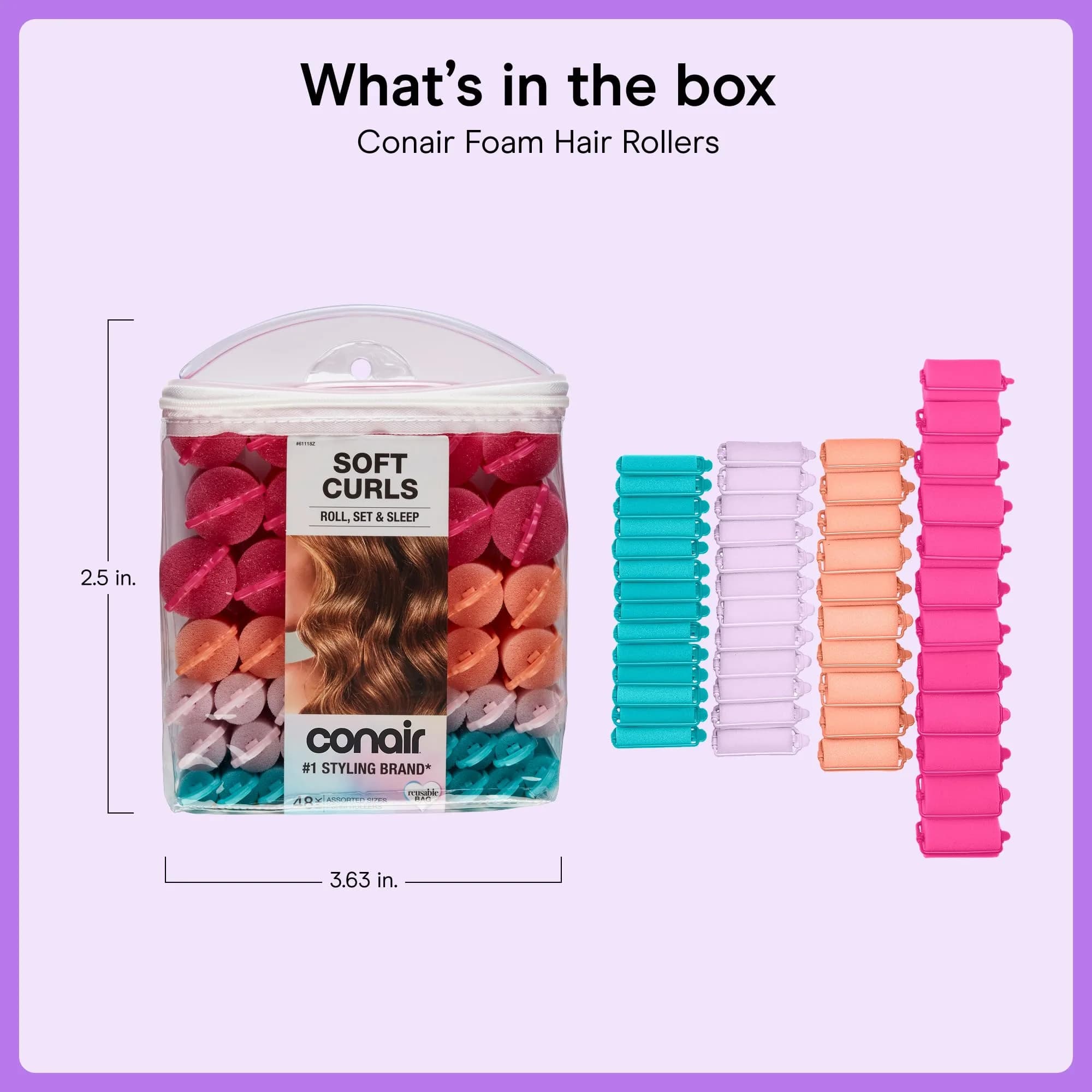 Conair Foam Hair Rollers with Snap Closures, 48 Count (Assorted Sizes) | Heatless Curls Overnight - view 7