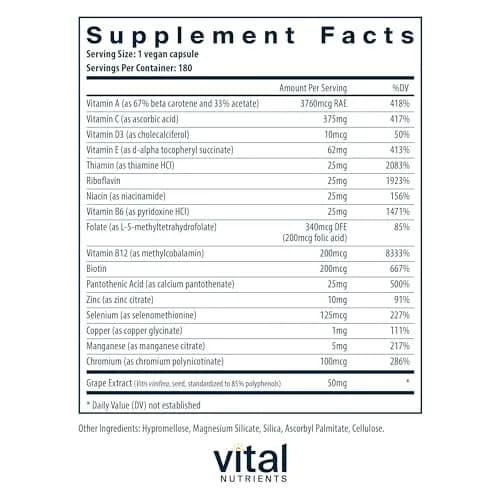 Vital Nutrients Minimal and Essential Multivitamin 180 Capsules | Full-Spectrum, Methylated B Vitamins, Antioxidants, Unflavored thumbnail 2
