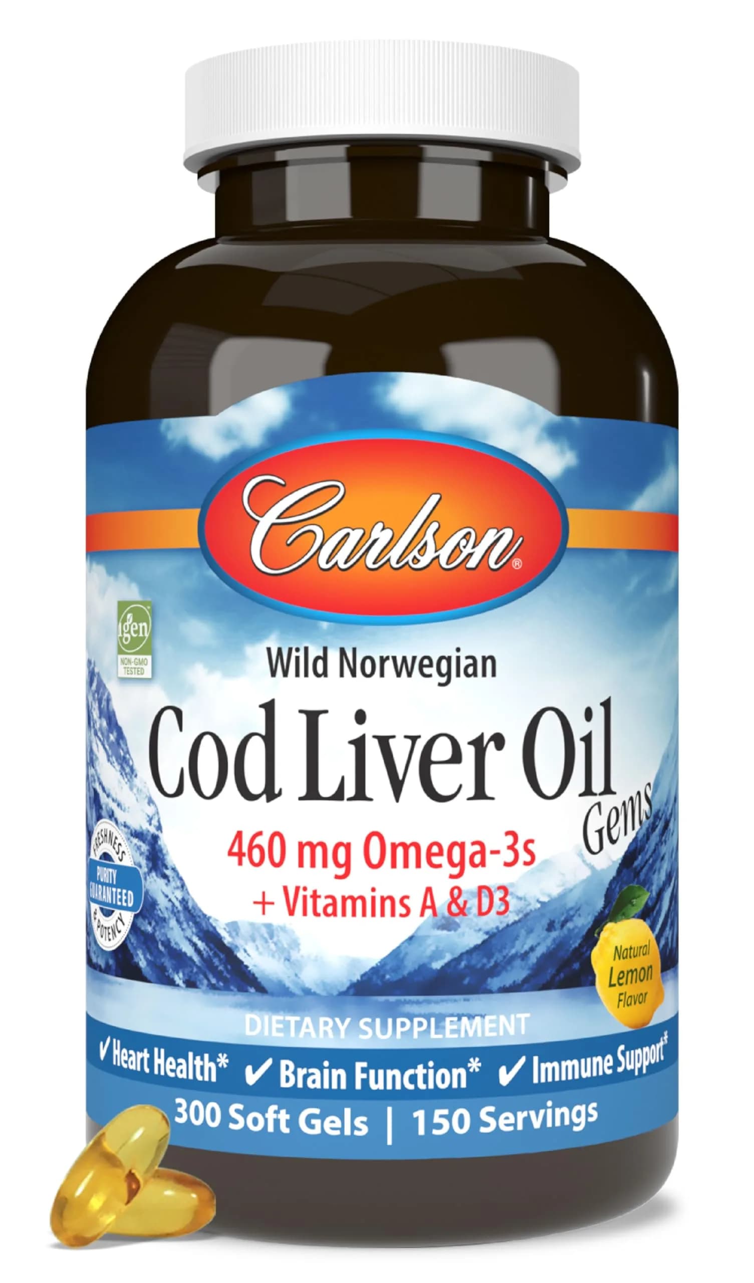 Carlson Cod Liver Oil Gems, 460 mg | Omega-3s, Lemon, 300 Softgels | Heart, Brain & Immunity Support — With