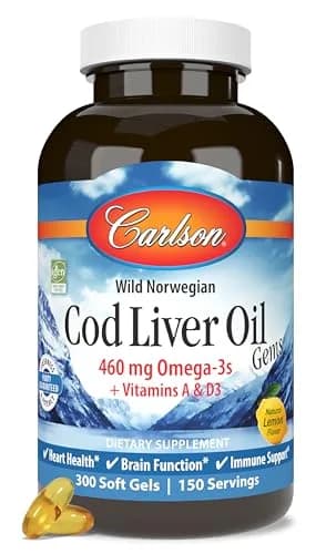 Carlson Cod Liver Oil Gems, 460 mg | Omega-3s, Lemon, 300 Softgels | Heart, Brain & Immunity Support thumbnail 1