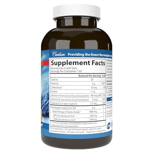 Carlson Cod Liver Oil Gems, 460 mg | Omega-3s, Lemon, 300 Softgels | Heart, Brain & Immunity Support thumbnail 8