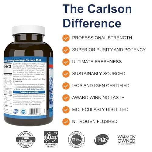 Carlson Cod Liver Oil Gems, 460 mg | Omega-3s, Lemon, 300 Softgels | Heart, Brain & Immunity Support thumbnail 2