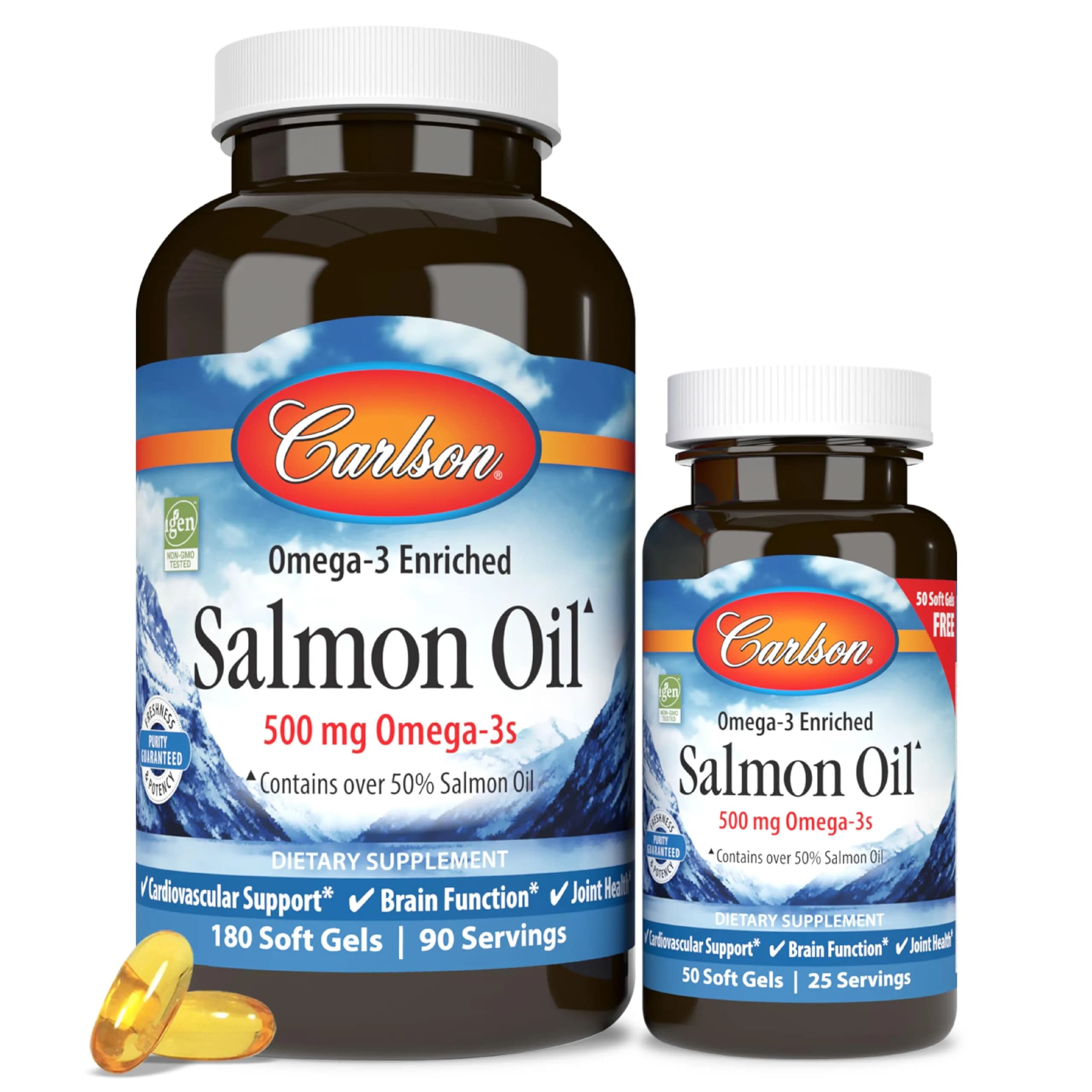 Carlson Salmon Oil 500 mg | Omega-3s for Heart, Brain & Joints | 180 + 50 Softgels — With