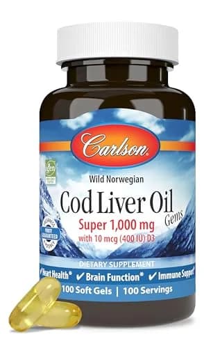 Carlson Cod Liver Oil Gems, Super 1000 mg, 250 mg Omega-3s, 100 Softgels | Supports Heart, Brain & Immunity thumbnail 1