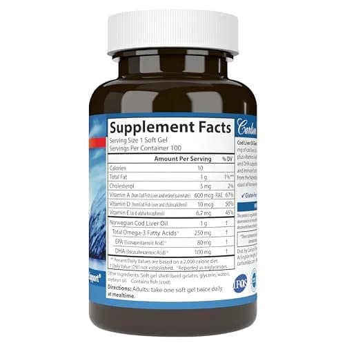 Carlson Cod Liver Oil Gems, Super 1000 mg, 250 mg Omega-3s, 100 Softgels | Supports Heart, Brain & Immunity thumbnail 7