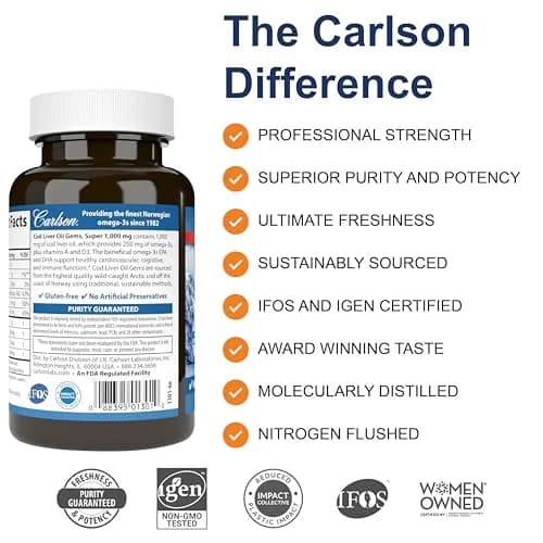 Carlson Cod Liver Oil Gems, Super 1000 mg, 250 mg Omega-3s, 100 Softgels | Supports Heart, Brain & Immunity thumbnail 2