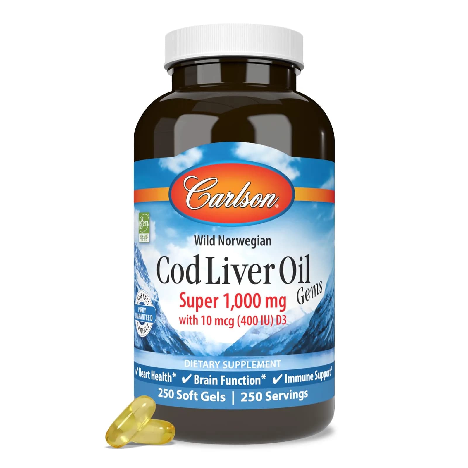 Carlson Cod Liver Oil Gems, Super 1000 mg, 250 mg Omega-3s, 250 Softgels | Heart, Brain & Vision Support - main product image