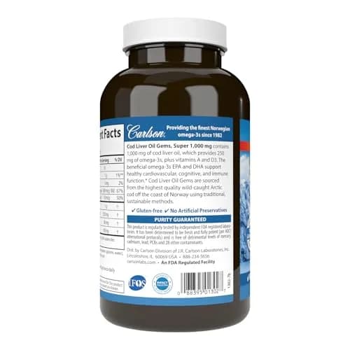 Carlson Cod Liver Oil Gems, Super 1000 mg, 250 mg Omega-3s, 250 Softgels | Heart, Brain & Vision Support thumbnail 3