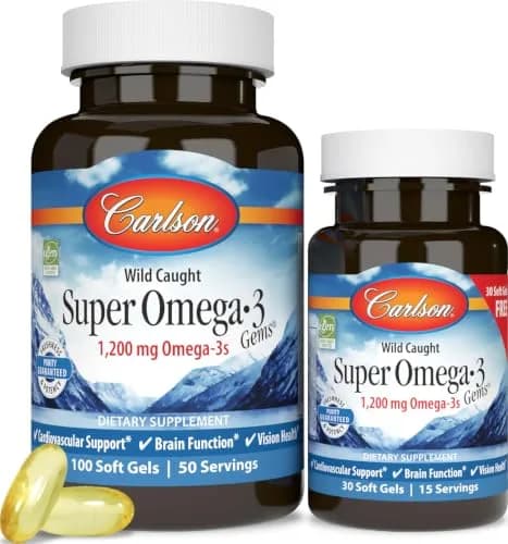 Carlson Super Omega-3 Gems, 1200 mg, Omega-3s, 100 + 30 Softgels | Supports Heart, Brain & Vision thumbnail 1