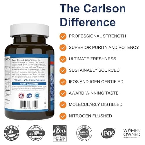 Carlson Super Omega-3 Gems, 1200 mg, Omega-3s, 100 + 30 Softgels | Supports Heart, Brain & Vision thumbnail 2