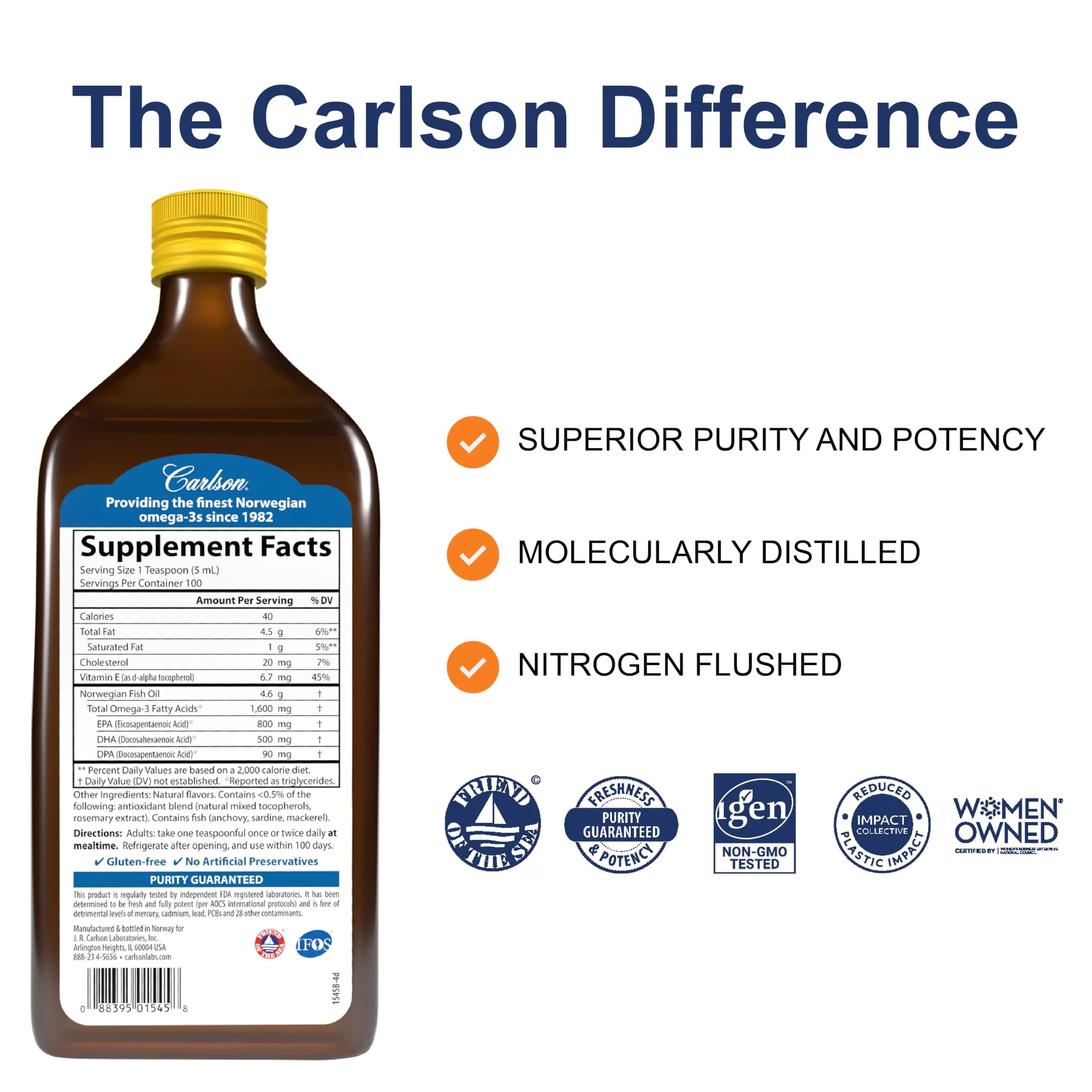 Carlson The Very Finest Fish Oil Liquid, Lemon Flavor, 16.9 Fl Oz Bottle | 1600 mg Omega-3s - view 2