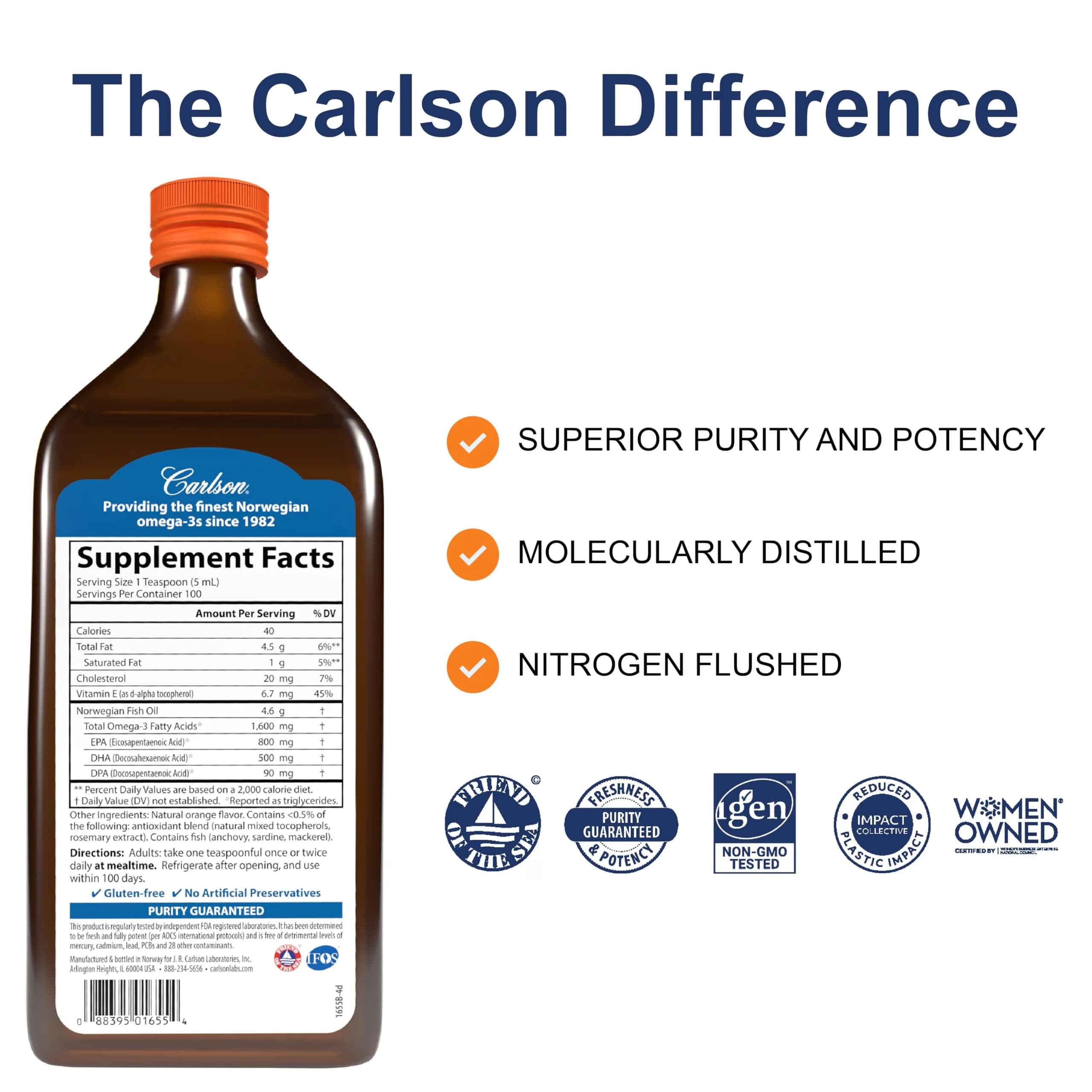 Carlson The Very Finest Fish Oil Liquid 16.9 Fl Oz Orange Flavor | 1600 mg Omega-3s per Teaspoon - view 2