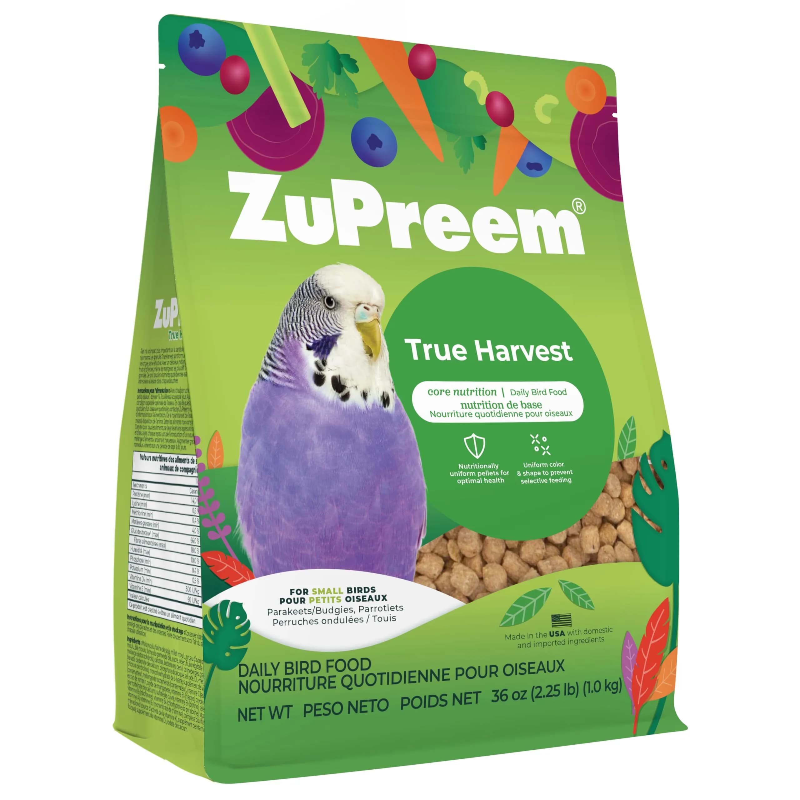 ZuPreem True Harvest Parakeet & Budgie Food, 2.25 lb | Natural Bird Pellets for Small Birds — 2.25 Pound