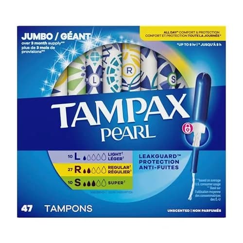 Tampax Pearl Tampons Multipack Light/Regular/Super Absorbency 47 Count | Dermatologist Tested Tampon thumbnail 9