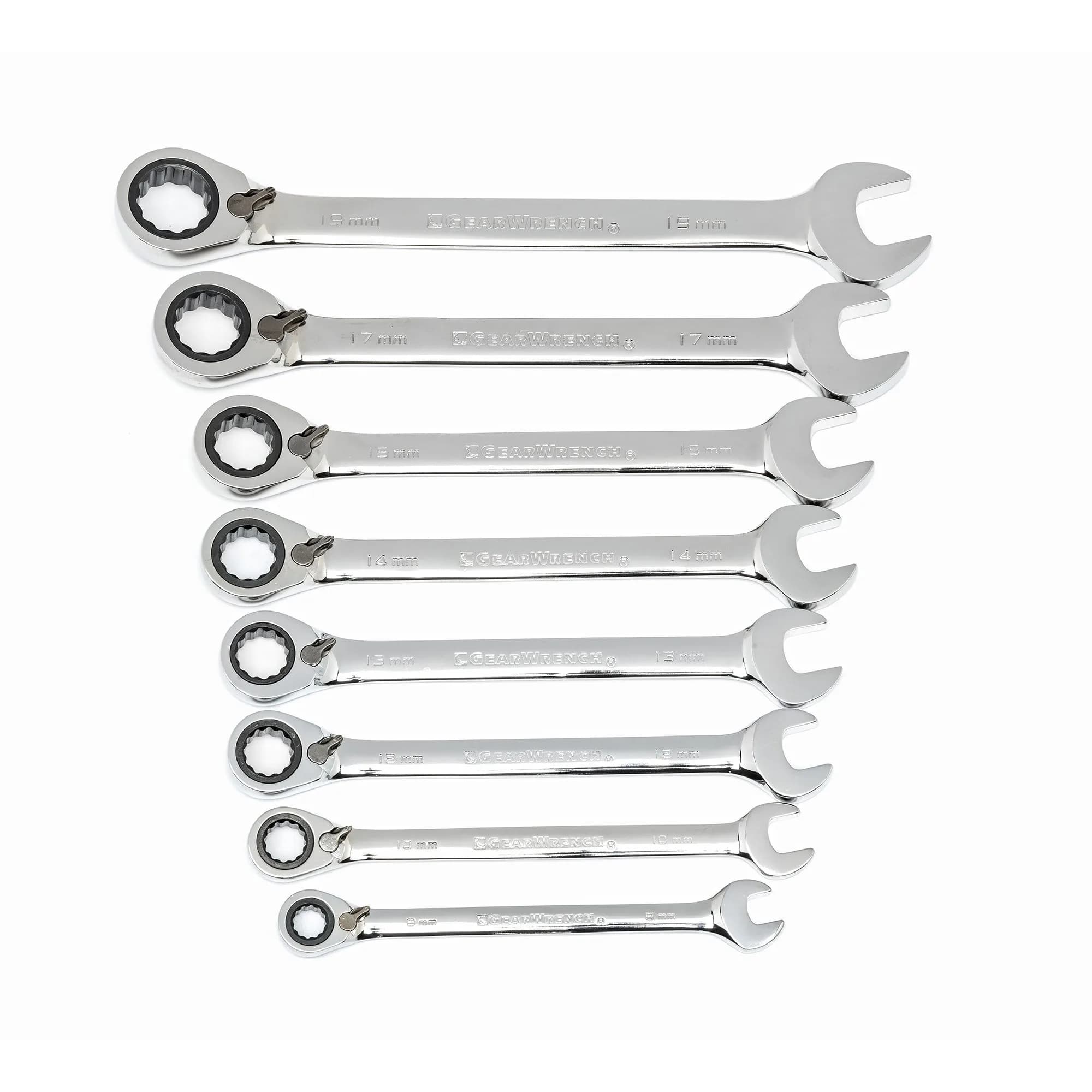GEARWRENCH 8 Pc 72T Reversible Ratcheting Combination mm Wrench Set | Alloy Steel, 8mm-19mm, Polished — 8mm 10mm 12mm 13mm 14mm 15mm 17mm 19mm
