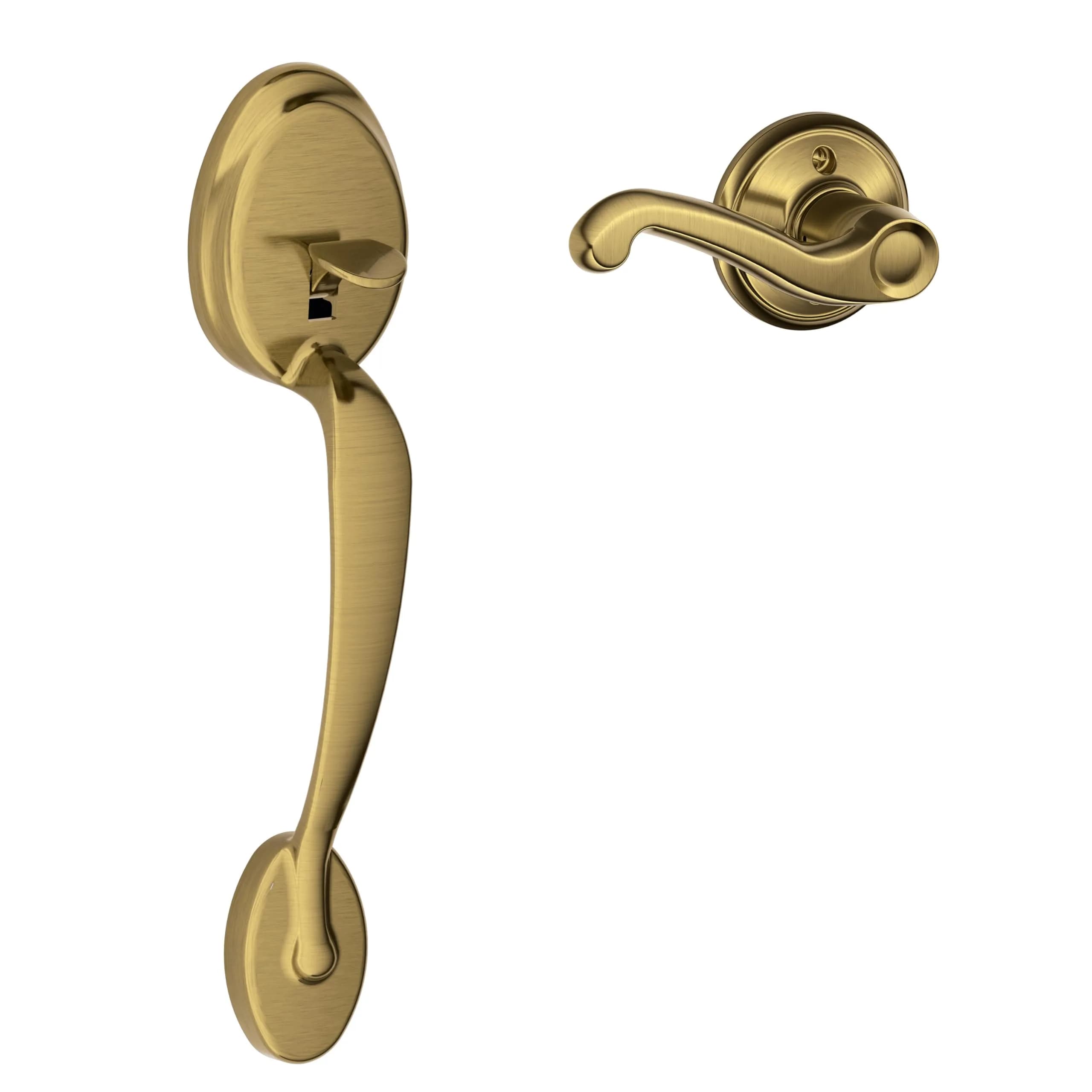 SCHLAGE Plymouth Entry Handleset, Right Hand Flair Lever, Antique Brass | Vintage Door Hardware