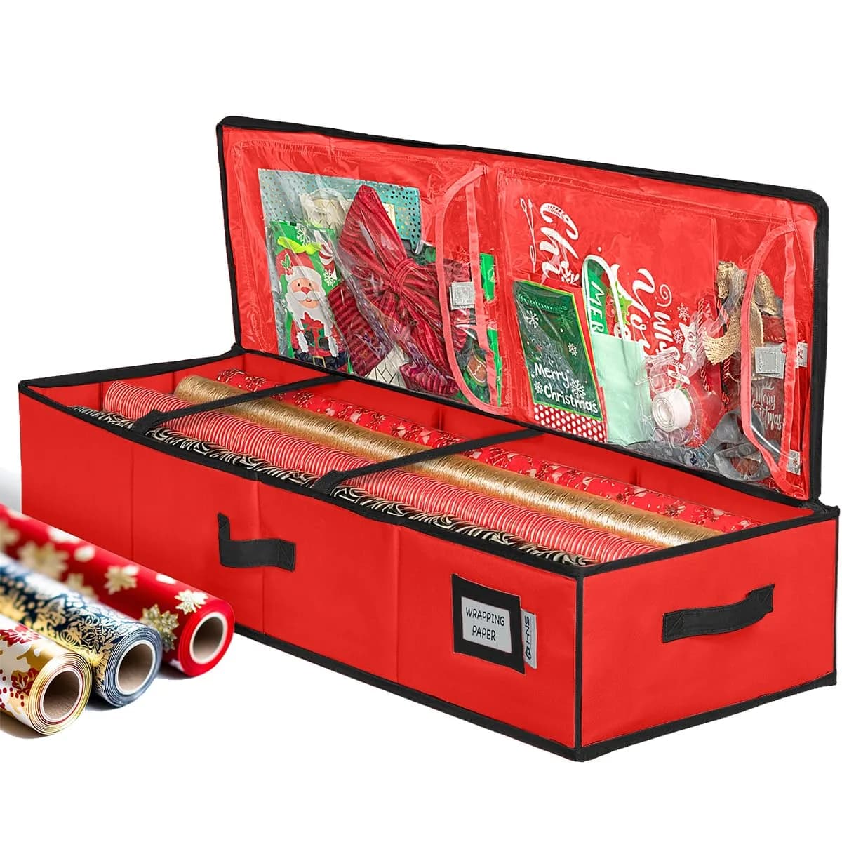 HOLDN’ STORAGE Premium Wrapping Paper Storage Container - Durable 600D Tear-Proof, Fits 27 Rolls Gift Wrap, Extra Pockets for Ribbons & Bows, Underbed Storage