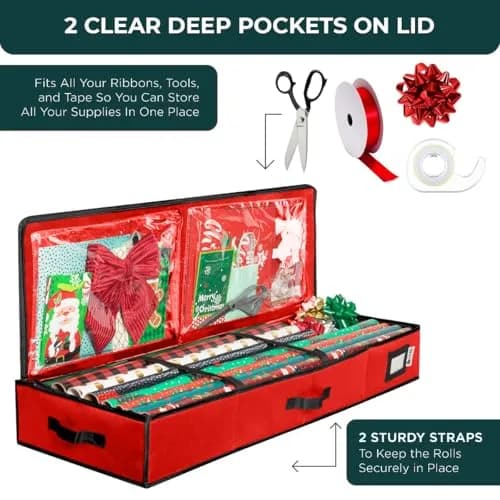HOLDN’ STORAGE Premium Wrapping Paper Storage Container - Durable 600D Tear-Proof, Fits 27 Rolls Gift Wrap, Extra Pockets for Ribbons & Bows, Underbed Storage thumbnail 4