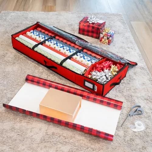 HOLDN’ STORAGE Premium Wrapping Paper Storage Container - Durable 600D Tear-Proof, Fits 27 Rolls Gift Wrap, Extra Pockets for Ribbons & Bows, Underbed Storage thumbnail 2