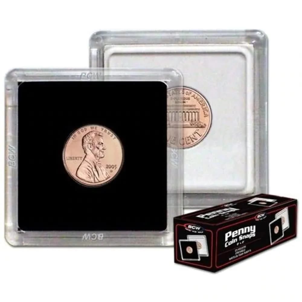BCW 2x2 Coin Snap - 25 ct Penny Holder | Archival Safe Coin Protector | Crystal Clear Polystyrene Coin Display Case | Ideal for US Lincoln Penny - main product image