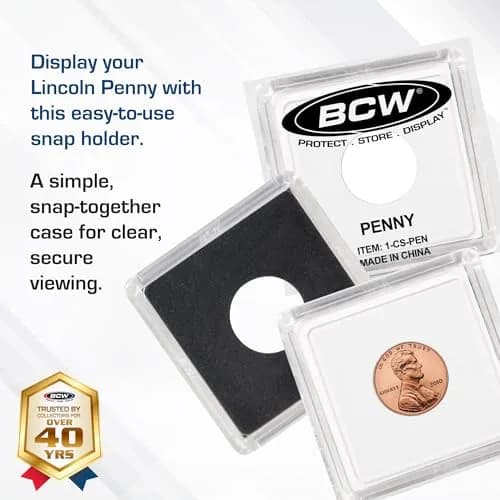 BCW 2x2 Coin Snap - 25 ct Penny Holder | Archival Safe Coin Protector | Crystal Clear Polystyrene Coin Display Case | Ideal for US Lincoln Penny thumbnail 2