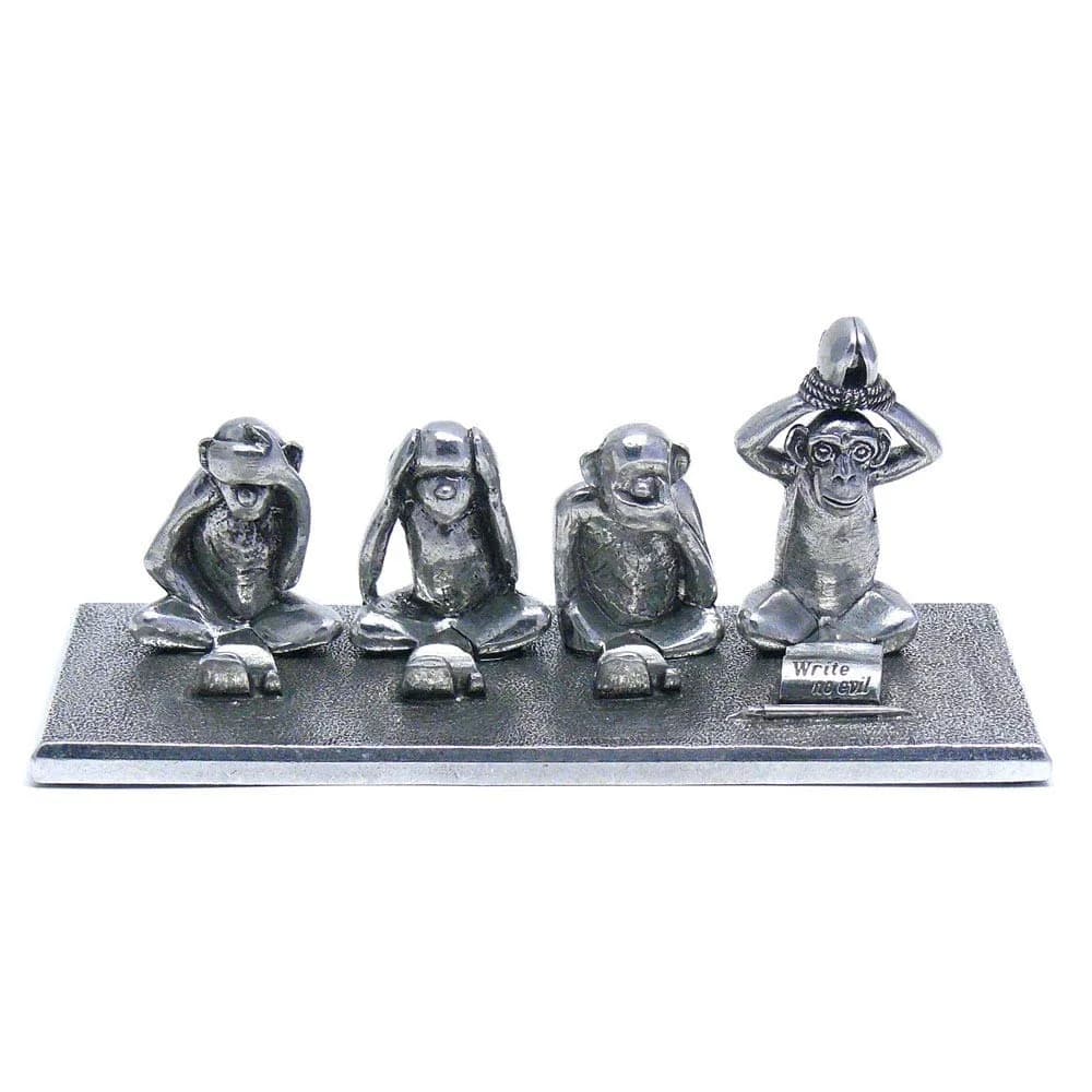 Jac Zagoory Write No Evil 4 Monkeys Pewter Pen Stand 15.7cm (6 inches) | Hand-Finished USA Artistry - main product image