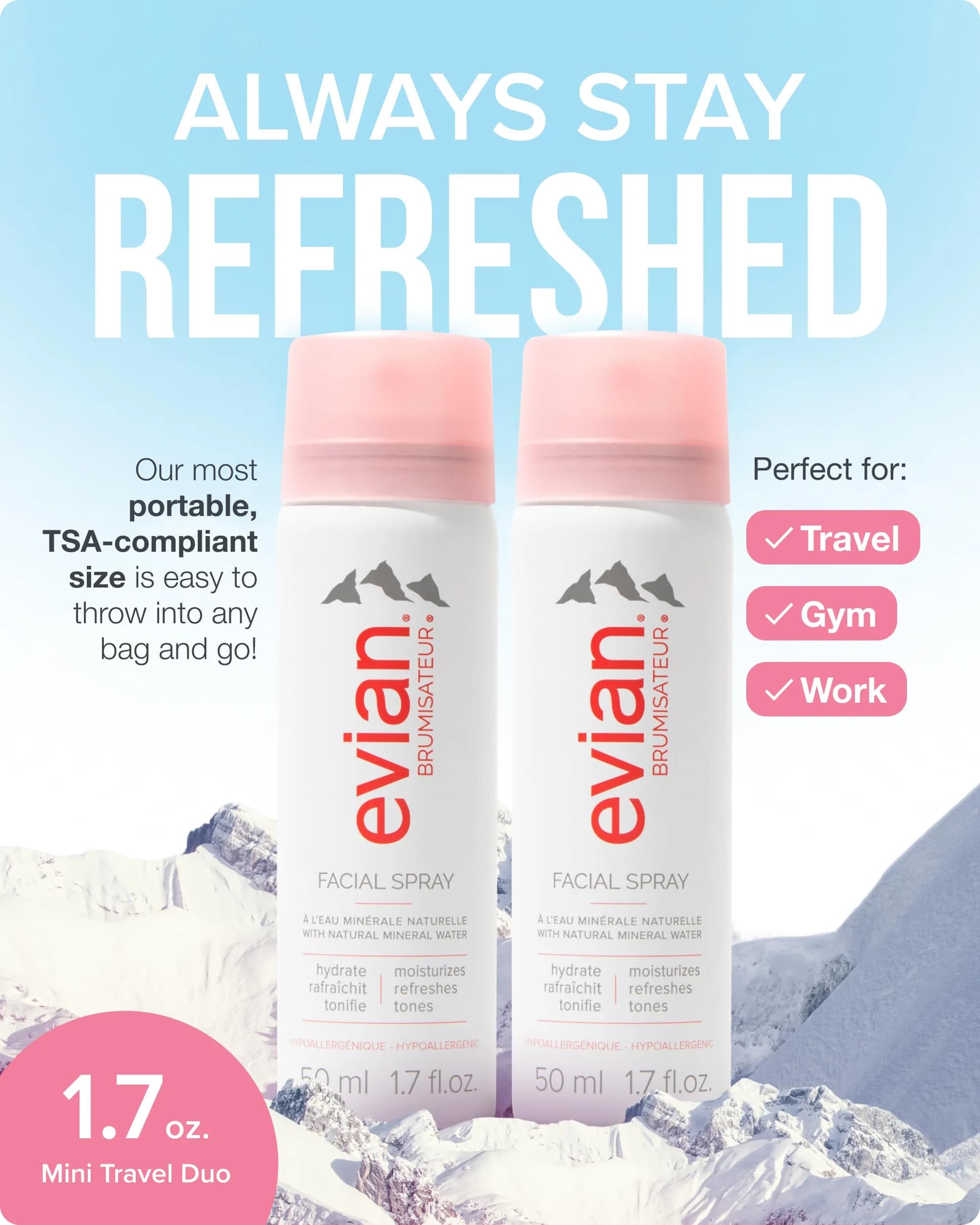 BRUMISATEUR Evian Facial Spray 100ml (3.4 Fl Oz) | Hydrating Mineral Water Mist for Face & Skin - view 2