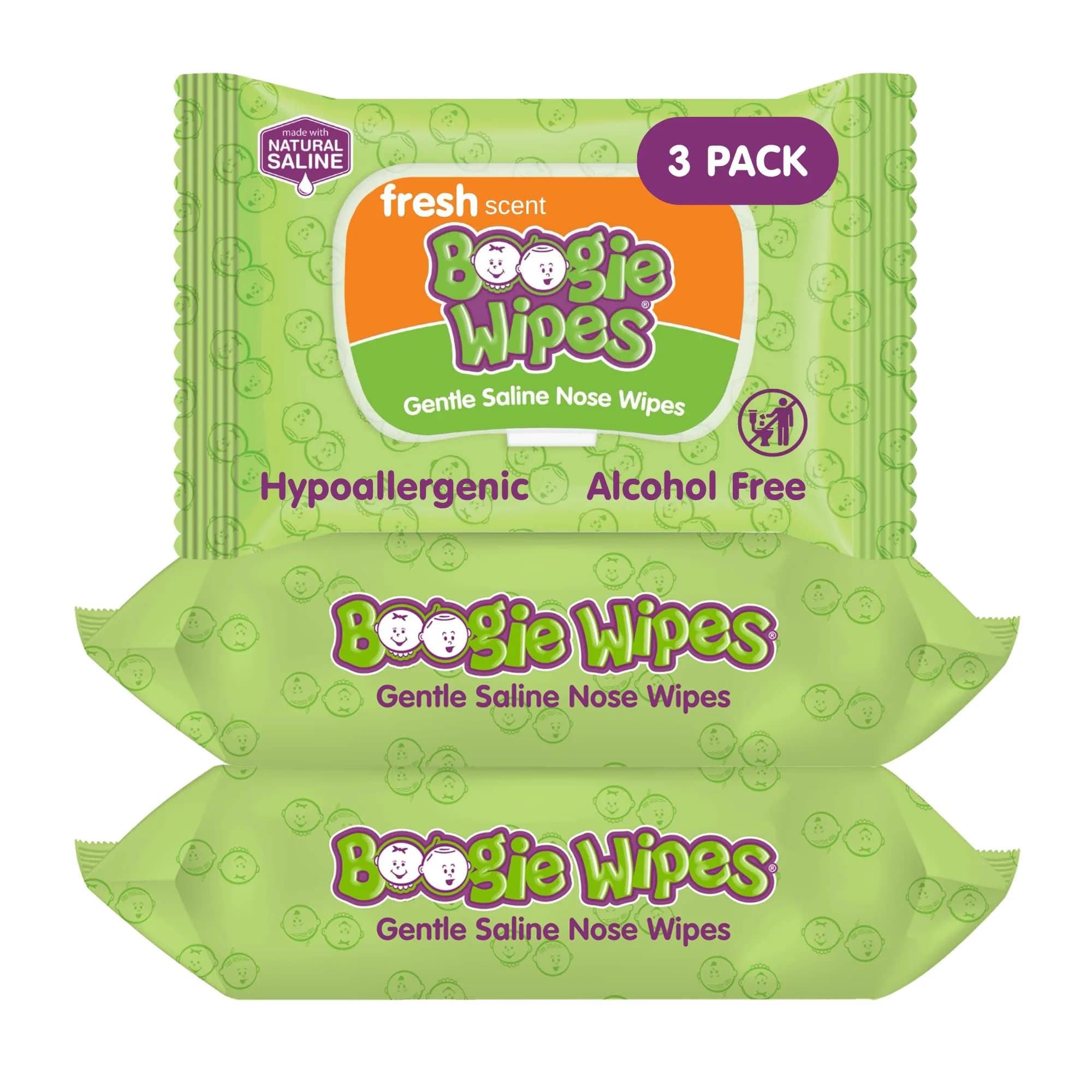 Boogie Gentle Saline Nose Wipes Fresh Scent | Hypoallergenic & Alcohol-Free for Babies & Kids (30 Count Pack of 3) — White