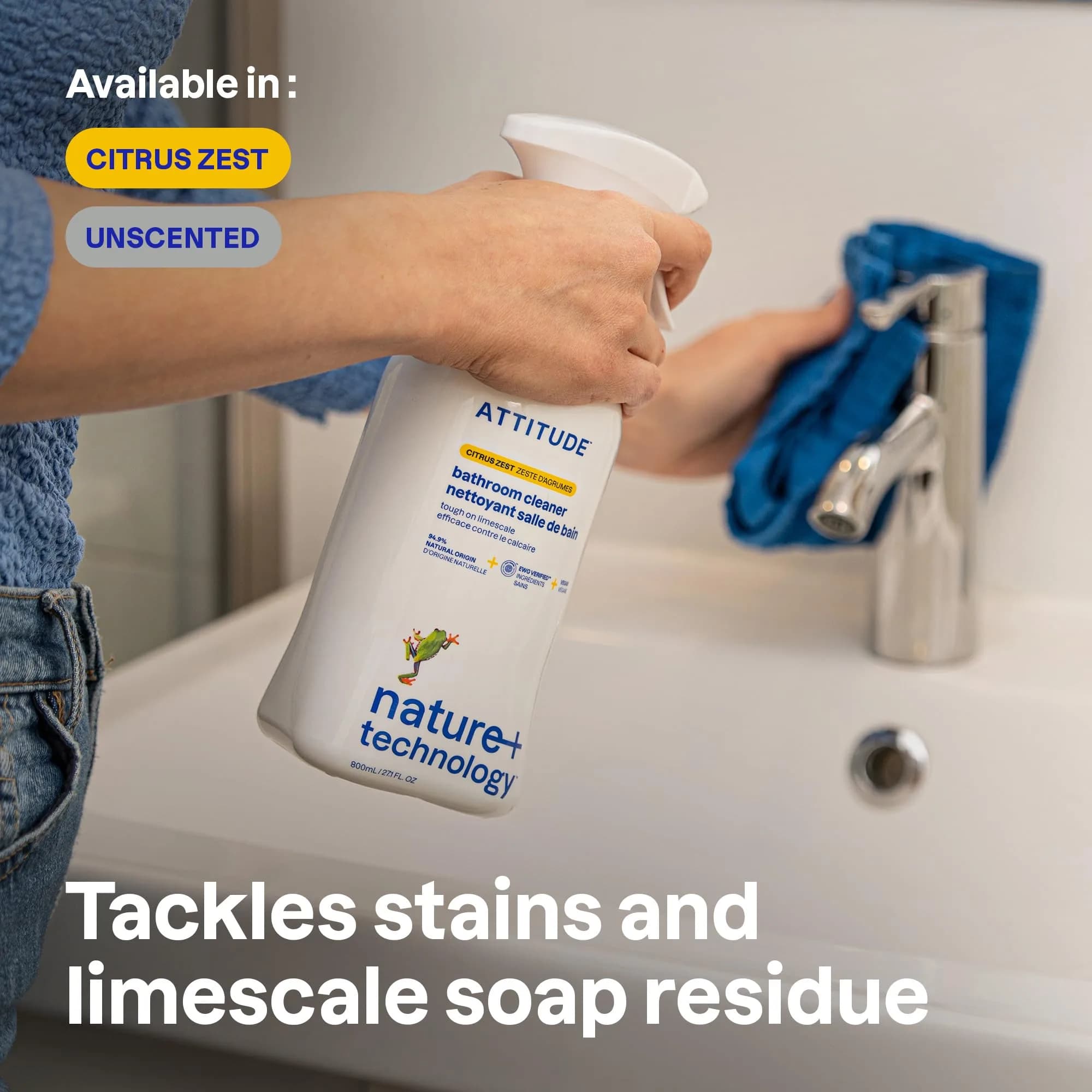ATTITUDE Bathroom Cleaner Spray Citrus Zest 800ml (27.1 Fl Oz) | EWG Verified Plant-Based Formula - view 2
