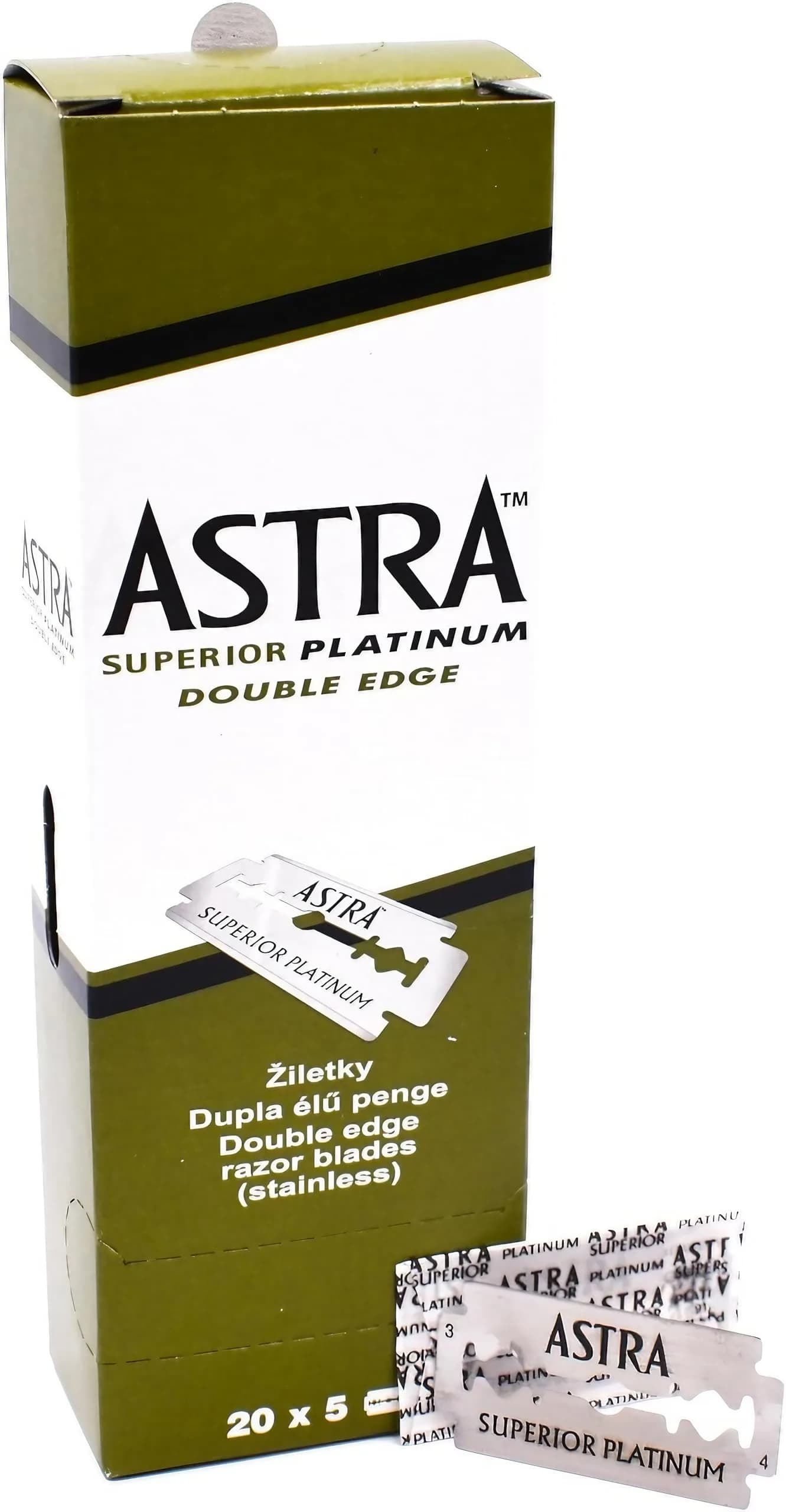 ASTRA Platinum Double Edge Safety Razor Blades,100 Blades (20 x 5) | Long-lasting, smooth shave for men — green
