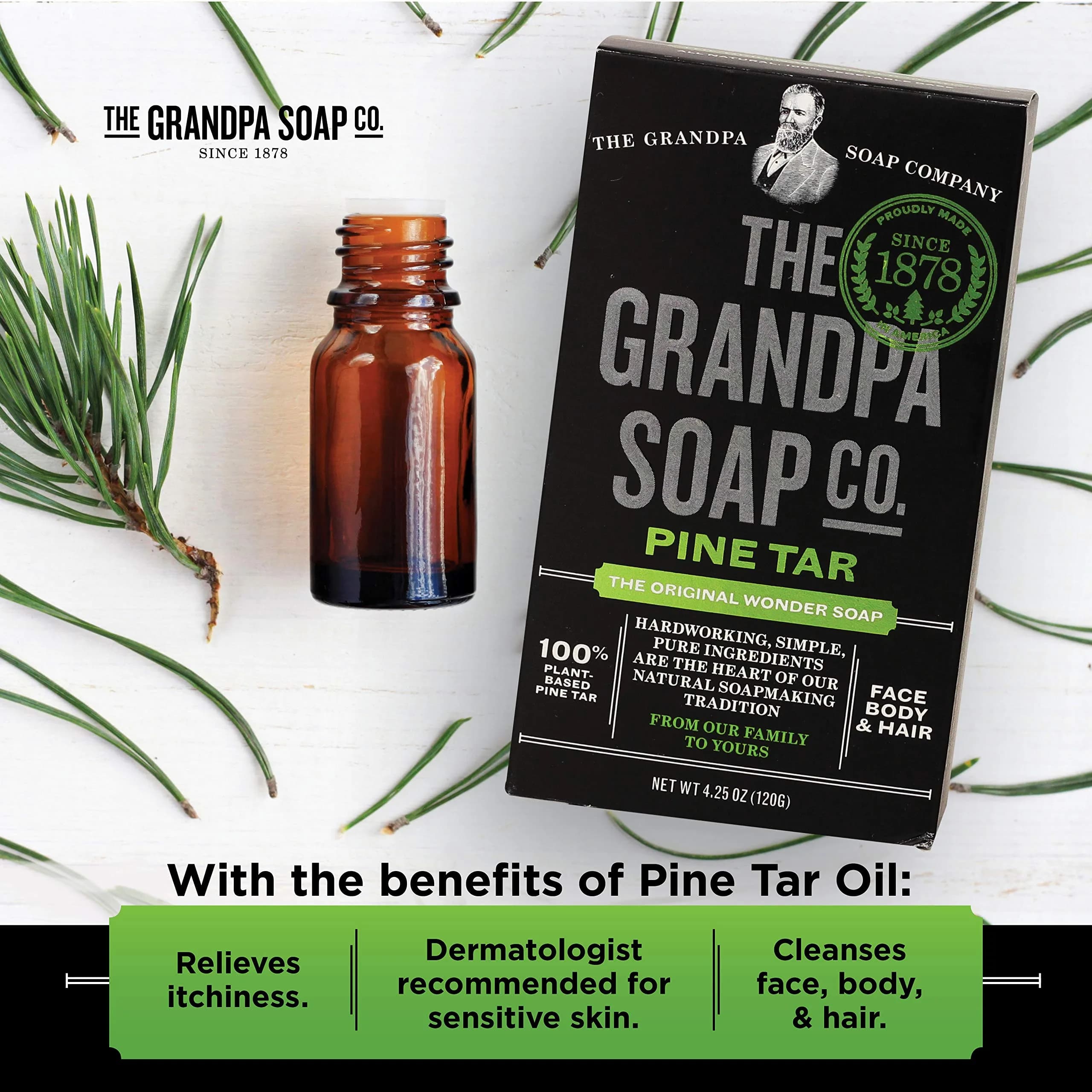 Grandpa's Pine Tar Soap 4.25 oz (120.5 g) | Natural Vegetable-Based Cleanser for Skin Irritations - view 3
