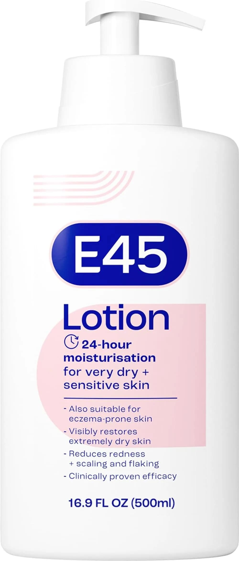 E45 Moisturising Lotion for Sensitive Skin, Fragrance-Free, 500 ml (16.9 fl oz) | Dermatologically Tested for 24-Hour Hydration - main product image