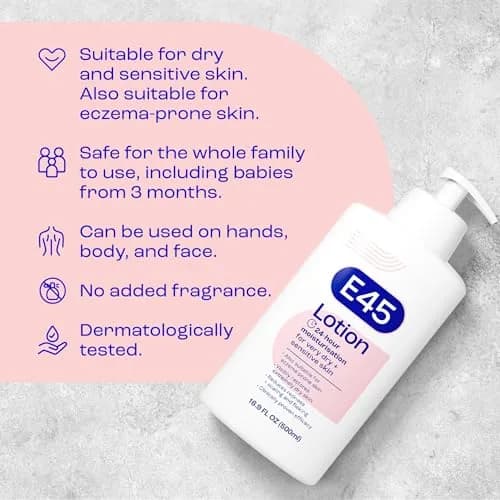 E45 Moisturising Lotion for Sensitive Skin, Fragrance-Free, 500 ml (16.9 fl oz) | Dermatologically Tested for 24-Hour Hydration thumbnail 4